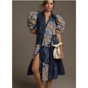 LET ME BE Anthropologie Sz L Large Blue Puff Sleeve Patchwork Shirt Dress Fall